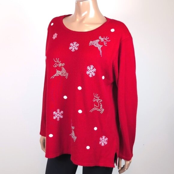 Vintage La Madonna Reindeer Christmas Sweater Studded Snowflake Festive Holiday - Picture 5 of 12